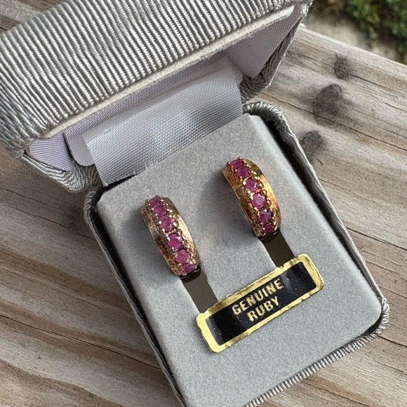 Genuine Ruby Gold Hoop Earrings - Picture 7 of 7